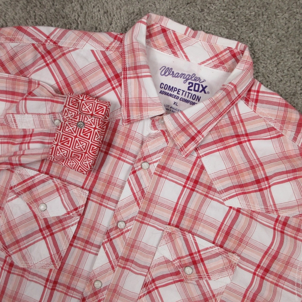 Wrangler Shirt Mens XL Pink Plaid 20X Competition Advanced Comfort Pearl Snap - Picture 2 of 7